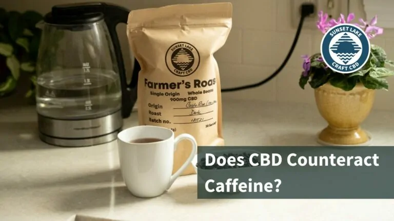 A cup of CBD Coffee with text "Does CBD Counteract Caffeine?"