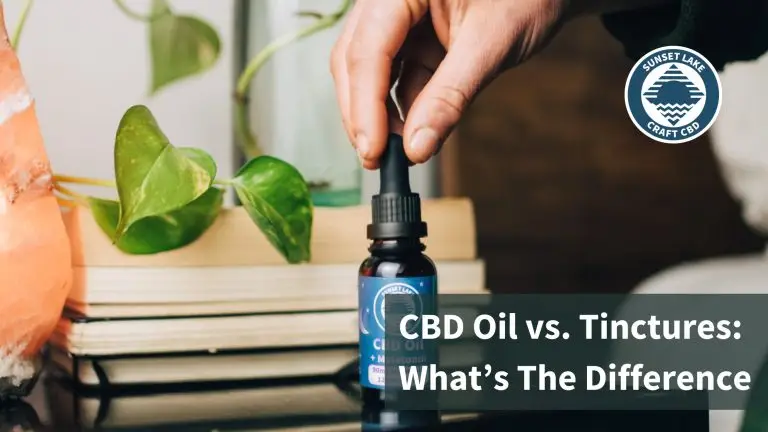 A hand pulling the dropper from a CBD oil tincture. Text reads "CBD oil vs tinctures: what's the difference"