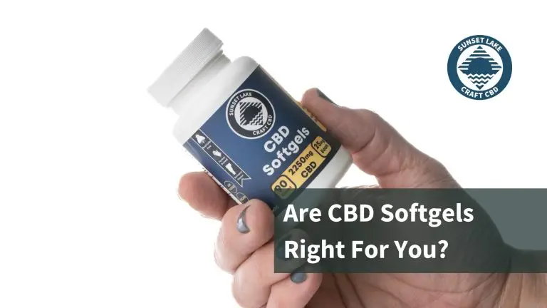 A hand holding a bottle of CBD Softgels. Text reads "Are CBD Softgels Right For You?"