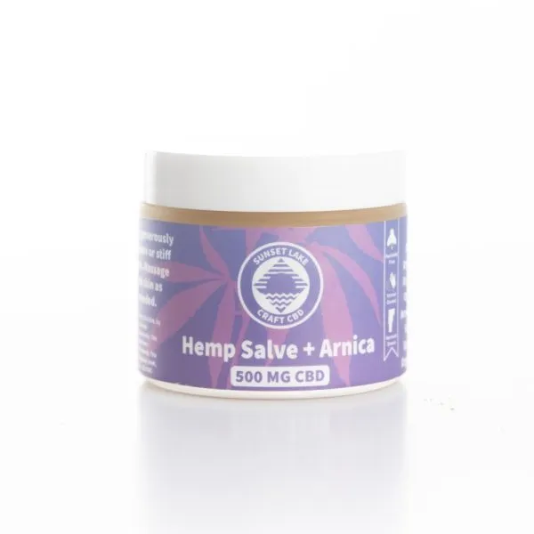 A two ounce jar of CBD Salve with arnica from Sunset Lake CBD