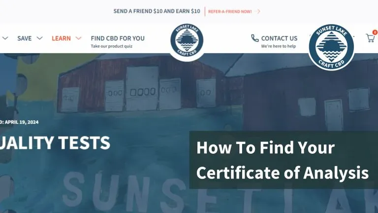 A screen capture of Sunset Lake's COA page. The text reads How to find your certificate of analysis