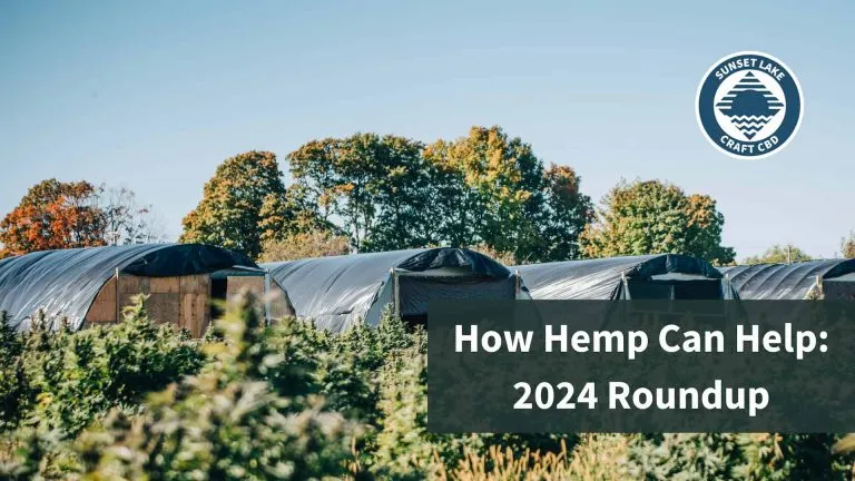 The Sunset Lake CBD Farm in the background. Text in foreground reads: "How Hemp Can Help: 2024 Roundup"