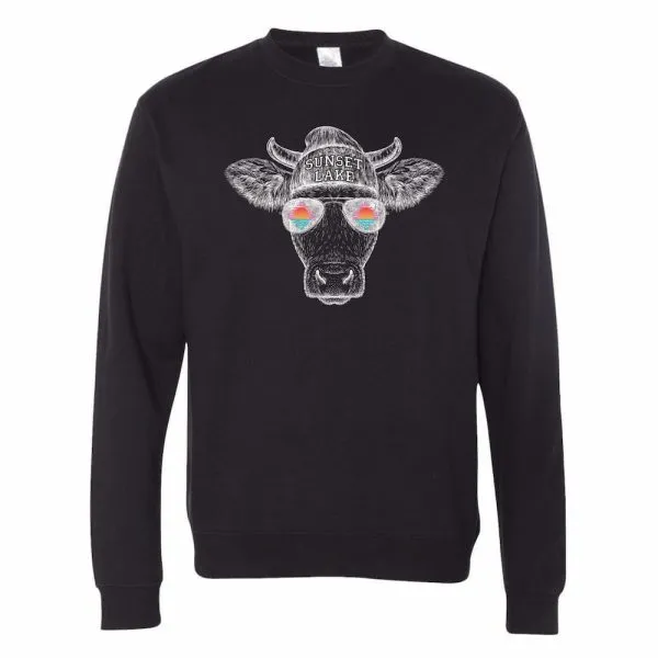 A black long-sleeve crewneck featuring the Sunset Lake CBD Cow design