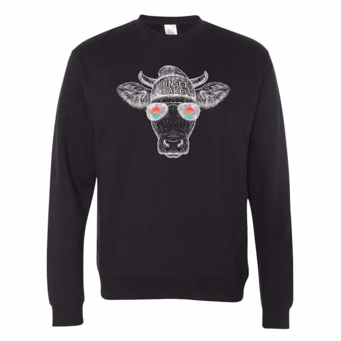 A black long-sleeve crewneck featuring the Sunset Lake CBD Cow design