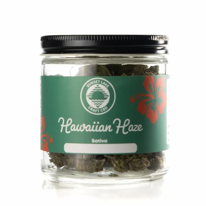 A one ounce jar of Hawaiian Haze Hemp Flower