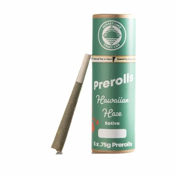 A tube of Hawaiian Haze Hemp Flower Prerolls with a single loose preroll