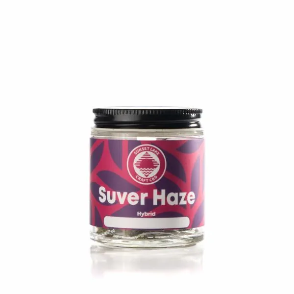 A jar containing one quarter ounce of Suver Haze Hemp Flower from Sunset Lake CBD.