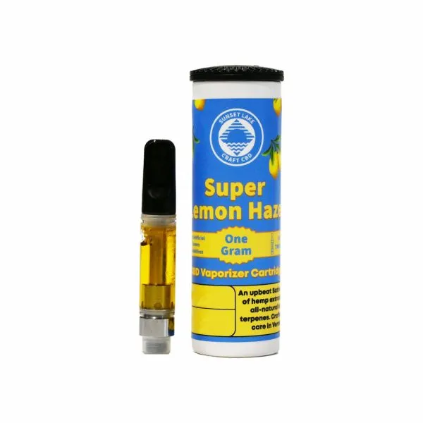 A Super Lemon Haze CBD Vape Cart from Sunset Lake CBD next to the labeled packaging